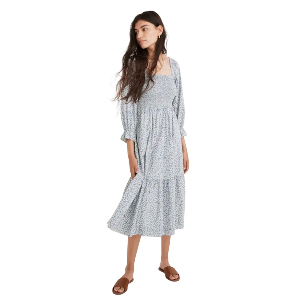 NWT‎ Madewell Lucie Elbow-Sleeve Smocked Midi Dress Sunflower Field Large
